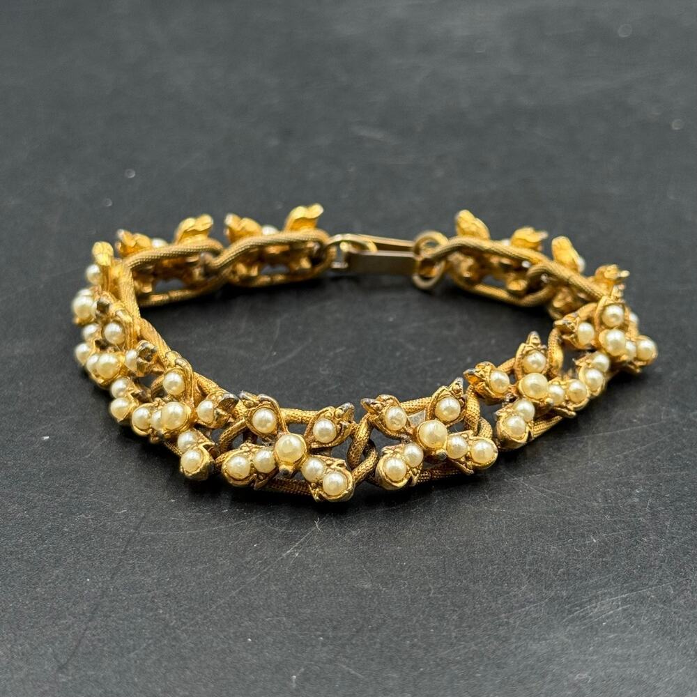 Vintage Delicate Bracelet Floral White Faux Pearl Cluster Gold Tone